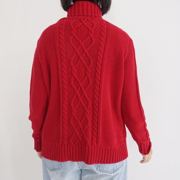 Eddie Bauer Red Knit Cotton Blend Cable Knit Fisherman Turtleneck Sweater Xl - Picture 3 of 10